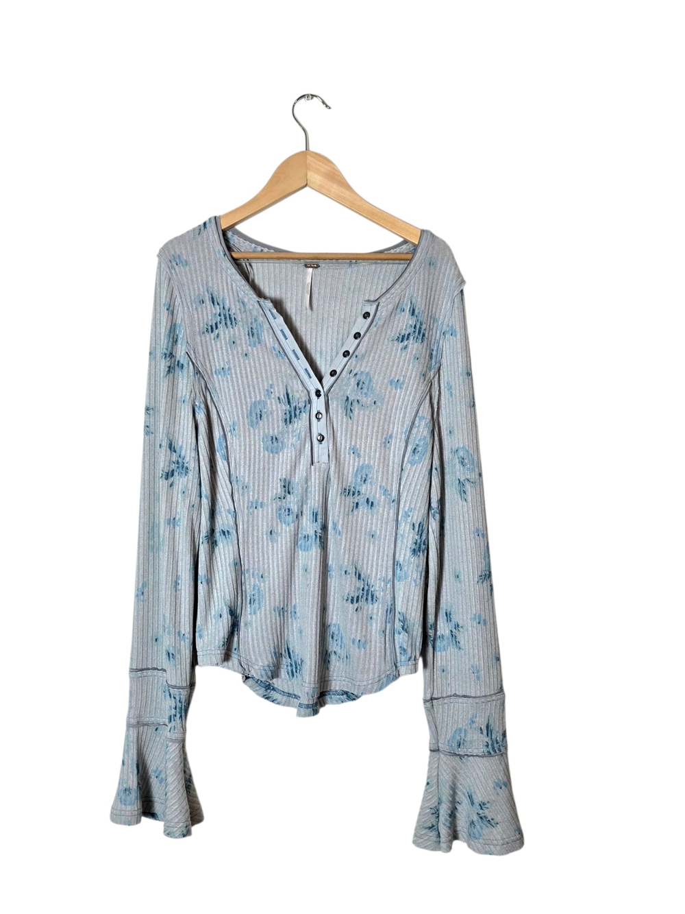 NWT Free People Layer Me Henley Top L Floral Bell Sleeve Boho Y2K Fitted  Preppy